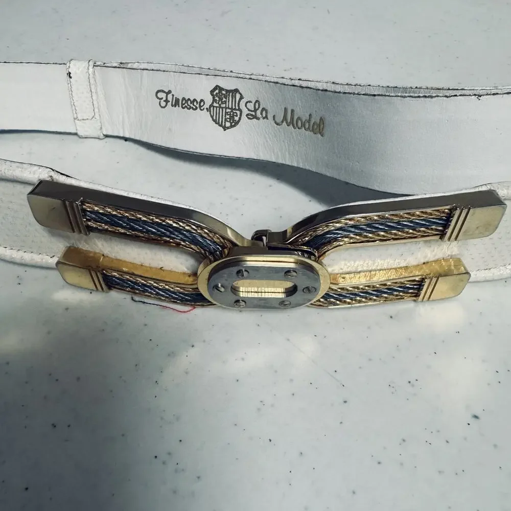 Vintage Finesse La‎ Model Adjustable White Belt Tri-Tone metal Buckle sz M/L